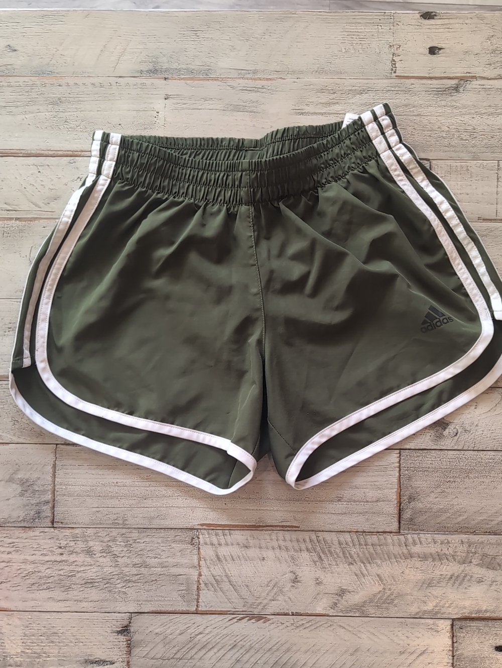 adidas Olive Green Women's Athletic Shorts with White Trim 4"